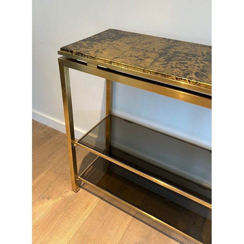 Rare Brass Console Table by Guy Lefèvre for Maison Jansen, Smoked Glass Shelves and Gilt Faux-Marble Top, Circa 1970