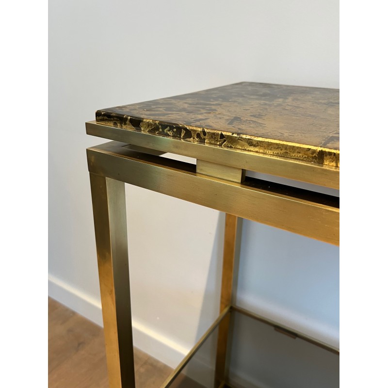 Rare Brass Console Table by Guy Lefèvre for Maison Jansen, Smoked Glass Shelves and Gilt Faux-Marble Top, Circa 1970