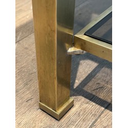Rare Brass Console Table by Guy Lefèvre for Maison Jansen, Smoked Glass Shelves and Gilt Faux-Marble Top, Circa 1970