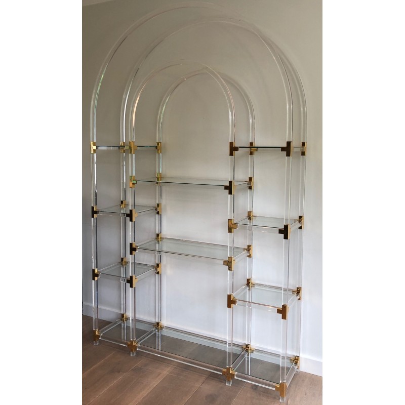 Étagère en Lucite, Métal Doré et Verre de Charles Hollis Jones, Travail Américain, Vers 1970