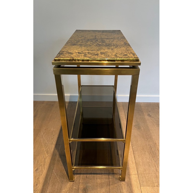 Rare Brass Console Table by Guy Lefèvre for Maison Jansen, Smoked Glass Shelves and Gilt Faux-Marble Top, Circa 1970