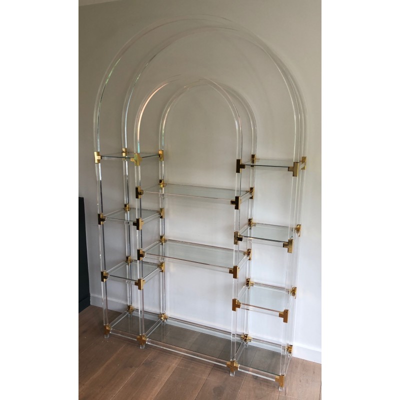 Étagère en Lucite, Métal Doré et Verre de Charles Hollis Jones, Travail Américain, Vers 1970