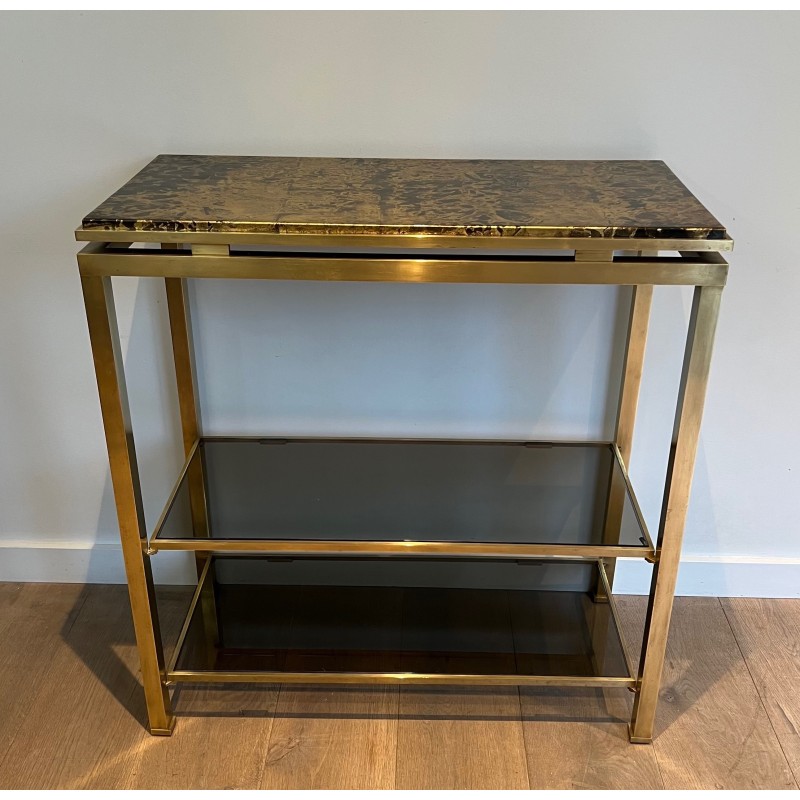 Console en Laiton de Guy Lefèvre pour la Maison Jansen, Étagères en Verre Fumé et Plateau Doré Façon Marbre, Vers 1970