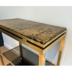 Console en Laiton de Guy Lefèvre pour la Maison Jansen, Étagères en Verre Fumé et Plateau Doré Façon Marbre, Vers 1970