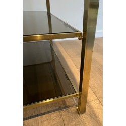 Console en Laiton de Guy Lefèvre pour la Maison Jansen, Étagères en Verre Fumé et Plateau Doré Façon Marbre, Vers 1970