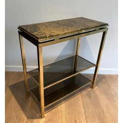 Console en Laiton de Guy Lefèvre pour la Maison Jansen, Étagères en Verre Fumé et Plateau Doré Façon Marbre, Vers 1970