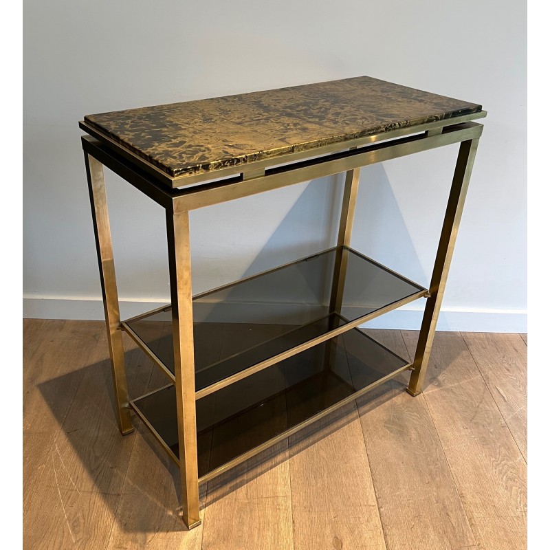 Console en Laiton de Guy Lefèvre pour la Maison Jansen, Étagères en Verre Fumé et Plateau Doré Façon Marbre, Vers 1970