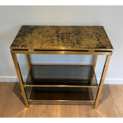 Rare Brass Console Table by Guy Lefèvre for Maison Jansen, Smoked Glass Shelves and Gilt Faux-Marble Top, Circa 1970