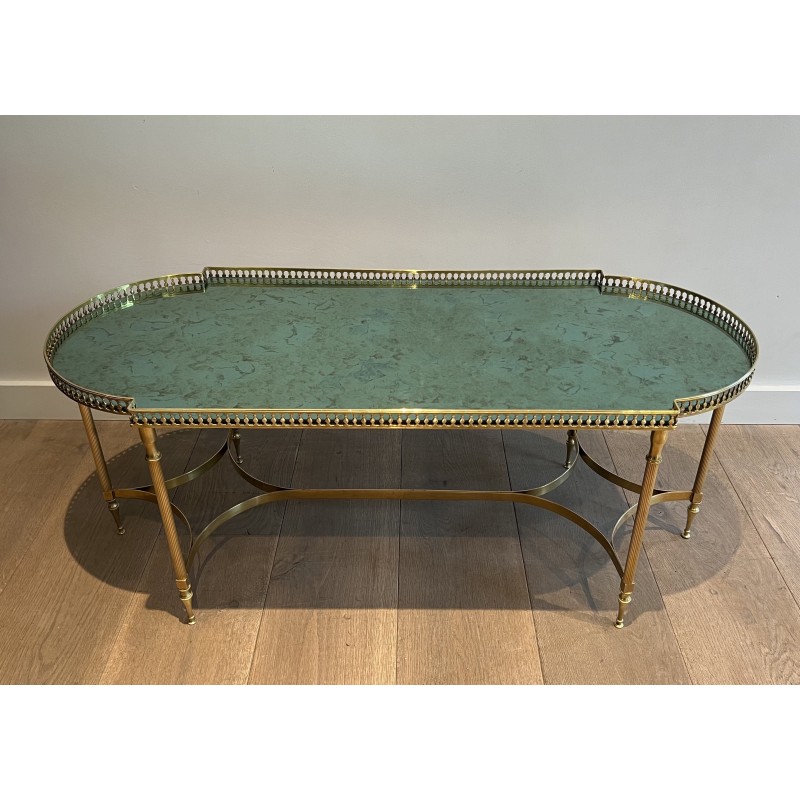 Neoclassical Brass Coffee Table with Églomisé Mirror Top, in the Manner of Maria Pergay, French Work, Circa 1940