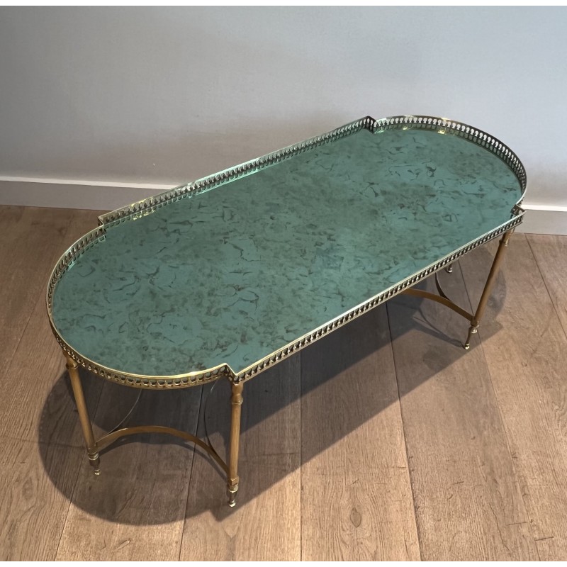 Table Basse Néoclassique en Laiton et Miroir Églomisé, dans le Goût de Maria Pergay, Travail Français, Vers 1940
