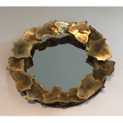 Round Brass Leaf Design Mirror, Canadian Work, Circa 1970