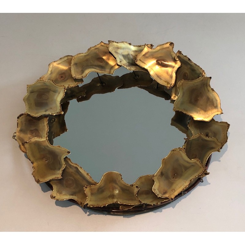 Round Brass Leaf Design Mirror, Canadian Work, Circa 1970