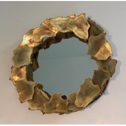 Miroir Rond Design à Feuilles de Laiton Stylisées, Travail Canadien, Vers 1970
