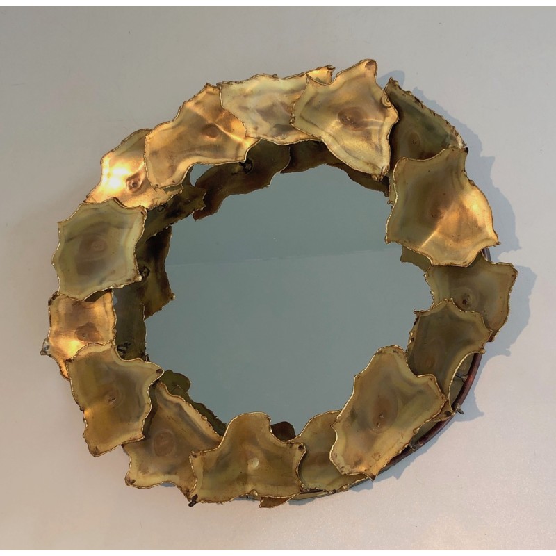 Round Brass Leaf Design Mirror, Canadian Work, Circa 1970
