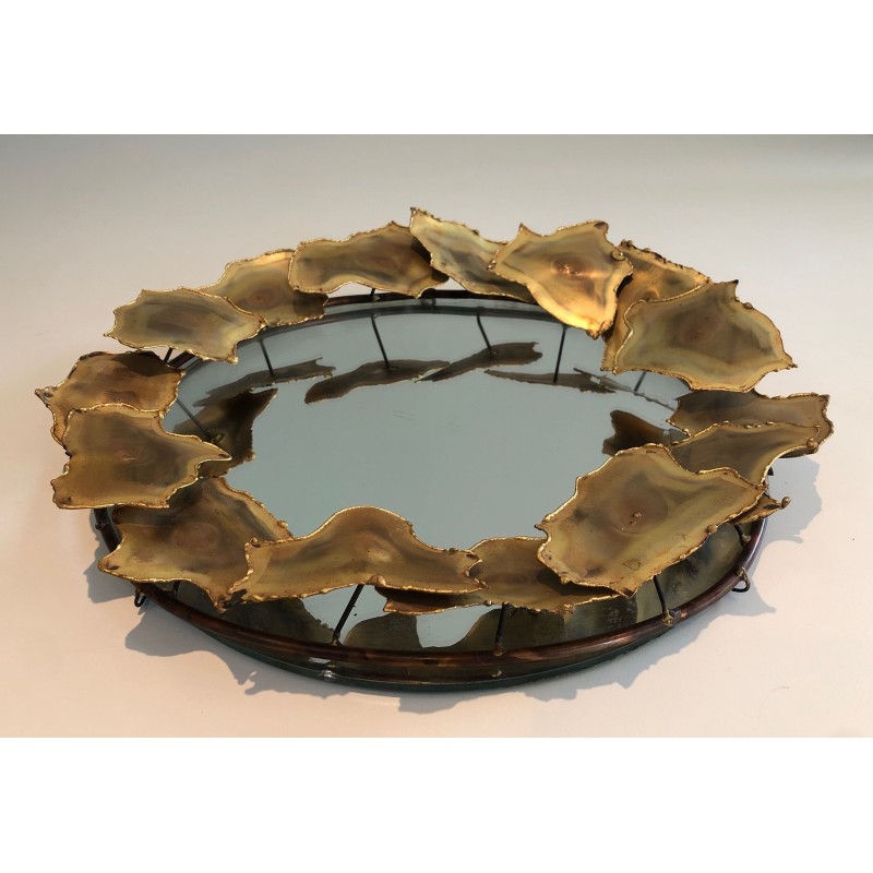 Round Brass Leaf Design Mirror, Canadian Work, Circa 1970