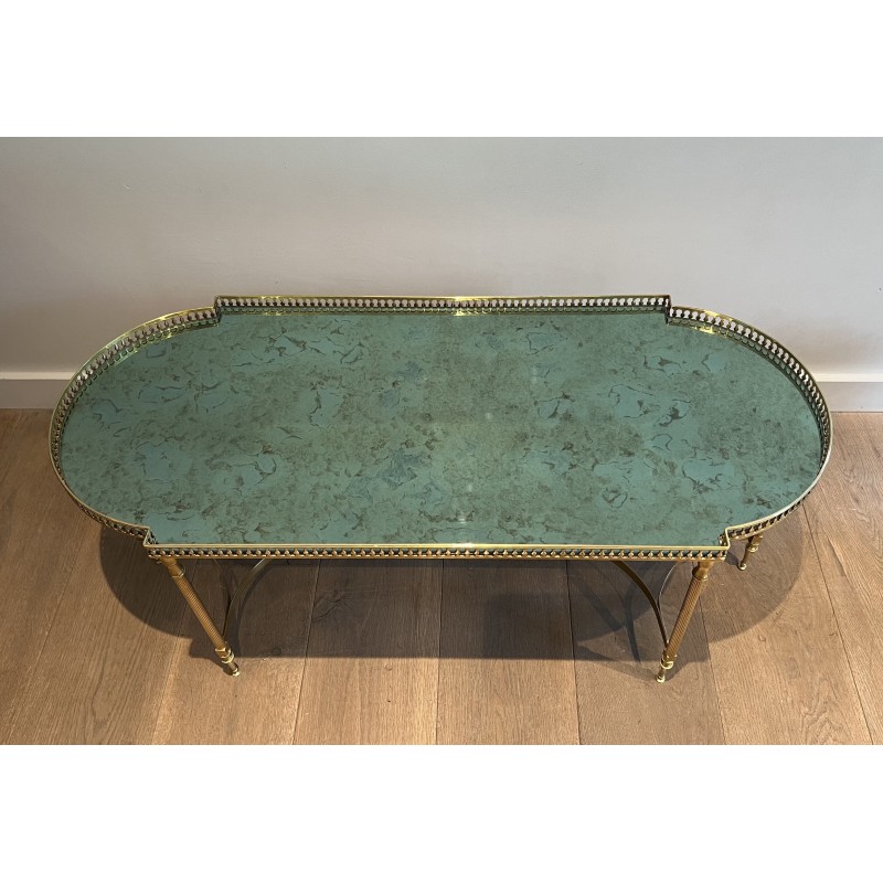 Table Basse Néoclassique en Laiton et Miroir Églomisé, dans le Goût de Maria Pergay, Travail Français, Vers 1940