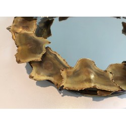 Miroir Rond Design à Feuilles de Laiton Stylisées, Travail Canadien, Vers 1970