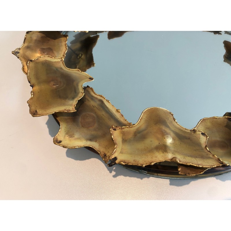 Round Brass Leaf Design Mirror, Canadian Work, Circa 1970