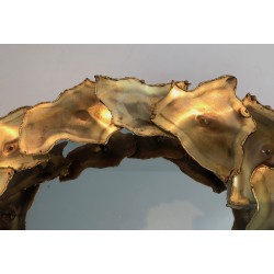 Miroir Rond Design à Feuilles de Laiton Stylisées, Travail Canadien, Vers 1970