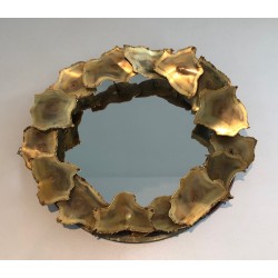 Round Brass Leaf Design Mirror, Canadian Work, Circa 1970