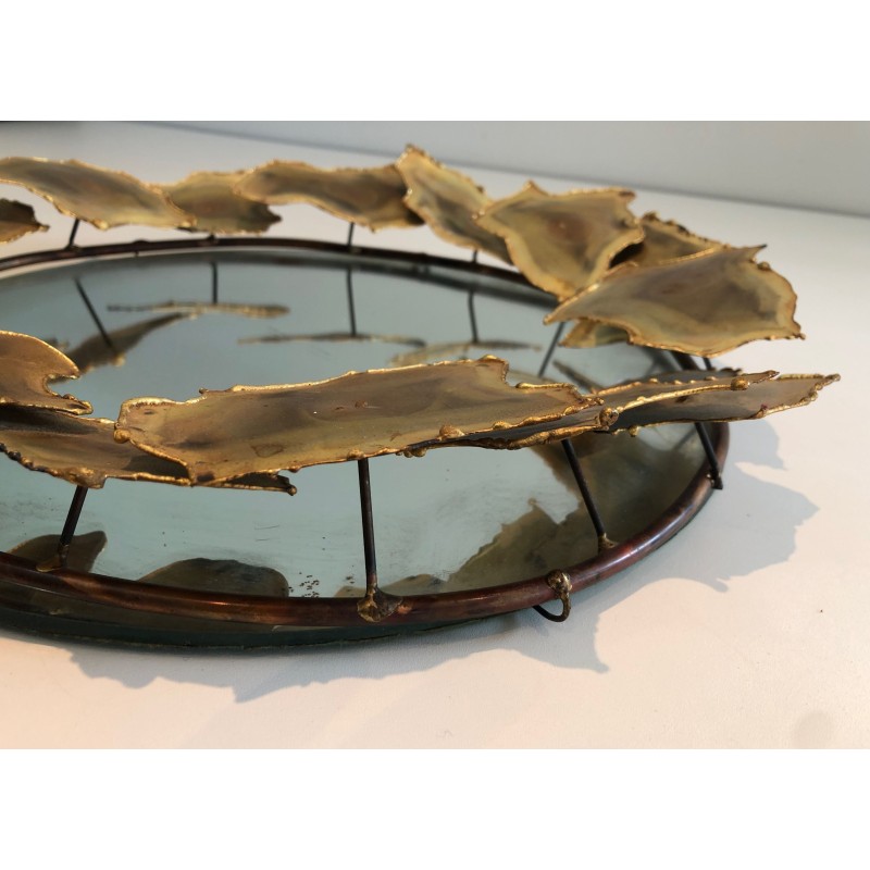 Round Brass Leaf Design Mirror, Canadian Work, Circa 1970