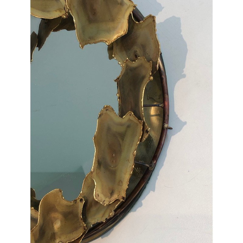 Round Brass Leaf Design Mirror, Canadian Work, Circa 1970