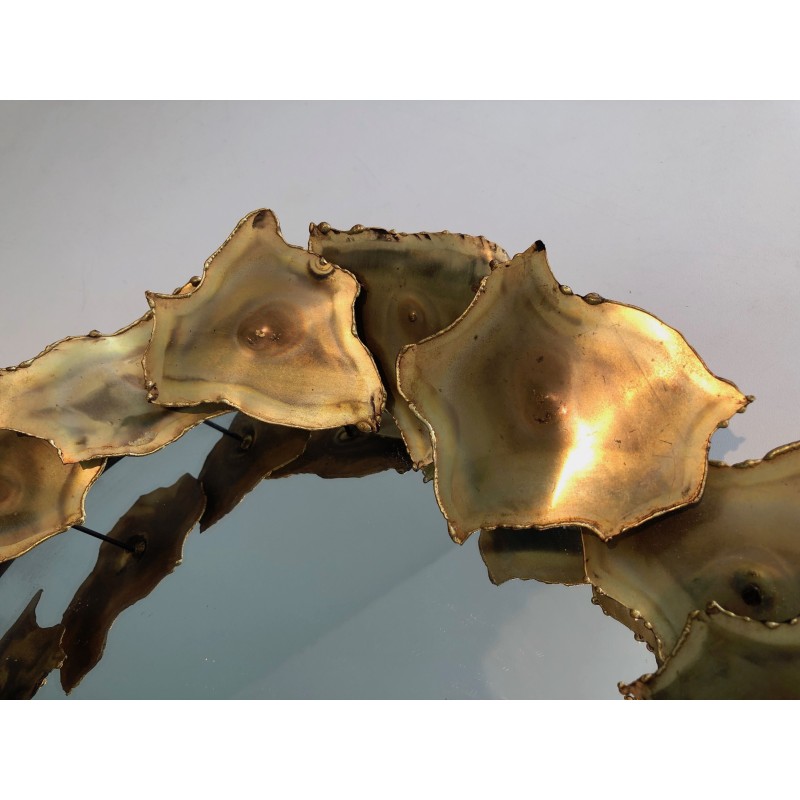 Miroir Rond Design à Feuilles de Laiton Stylisées, Travail Canadien, Vers 1970