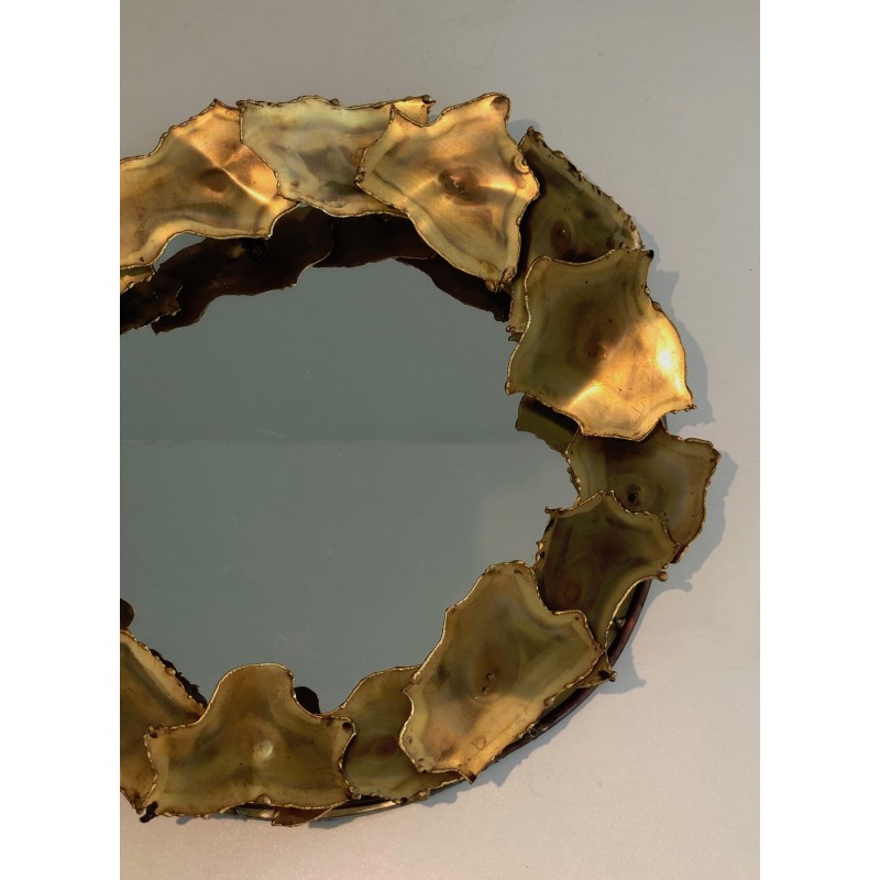 Miroir Rond Design à Feuilles de Laiton Stylisées, Travail Canadien, Vers 1970