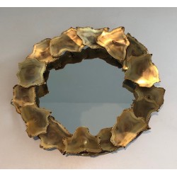 Miroir Rond Design à Feuilles de Laiton Stylisées, Travail Canadien, Vers 1970