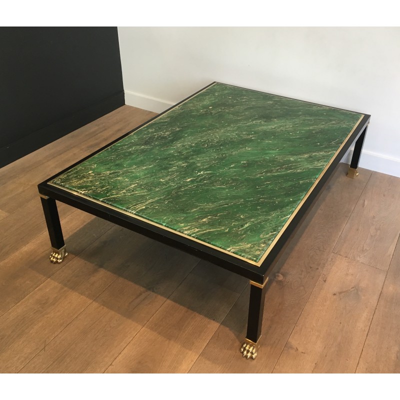 Coffee Table by Guy Lefèvre for Maison Jansen, Black Lacquered Metal, Brass and Malachite Resin, Circa 1970