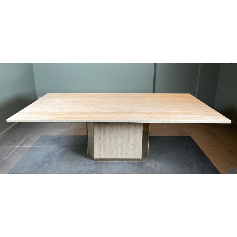 Table de Salle à Manger Octogonale en Travertin et Laiton, Pièce Unique, Travail Français, Vers 1970