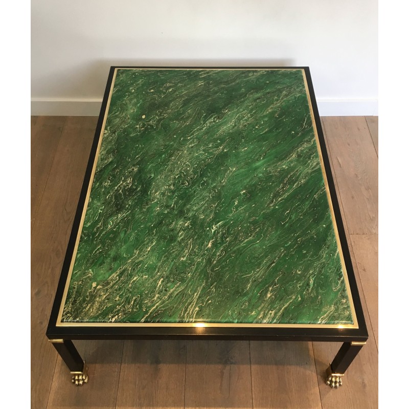 Coffee Table by Guy Lefèvre for Maison Jansen, Black Lacquered Metal, Brass and Malachite Resin, Circa 1970