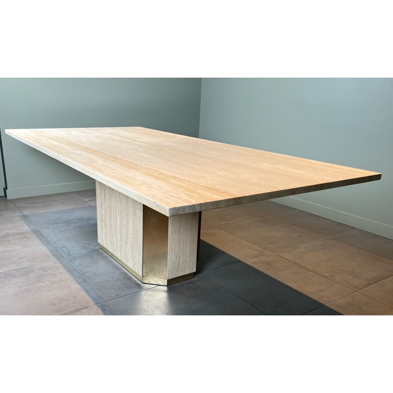 Table de Salle à Manger Octogonale en Travertin et Laiton, Pièce Unique, Travail Français, Vers 1970