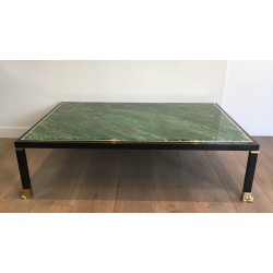 Coffee Table by Guy Lefèvre for Maison Jansen, Black Lacquered Metal, Brass and Malachite Resin, Circa 1970