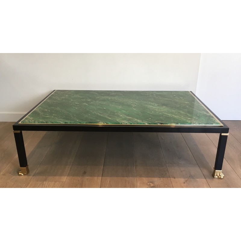 Table Basse de Guy Lefèvre pour la Maison Jansen, Métal Laqué Noir, Laiton et Résine Malachite, Vers 1970