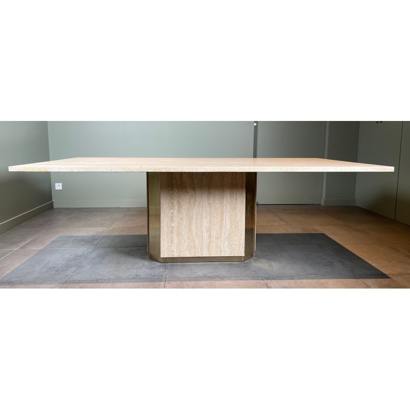 Table de Salle à Manger Octogonale en Travertin et Laiton, Pièce Unique, Travail Français, Vers 1970