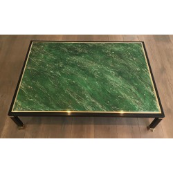 Table Basse de Guy Lefèvre pour la Maison Jansen, Métal Laqué Noir, Laiton et Résine Malachite, Vers 1970
