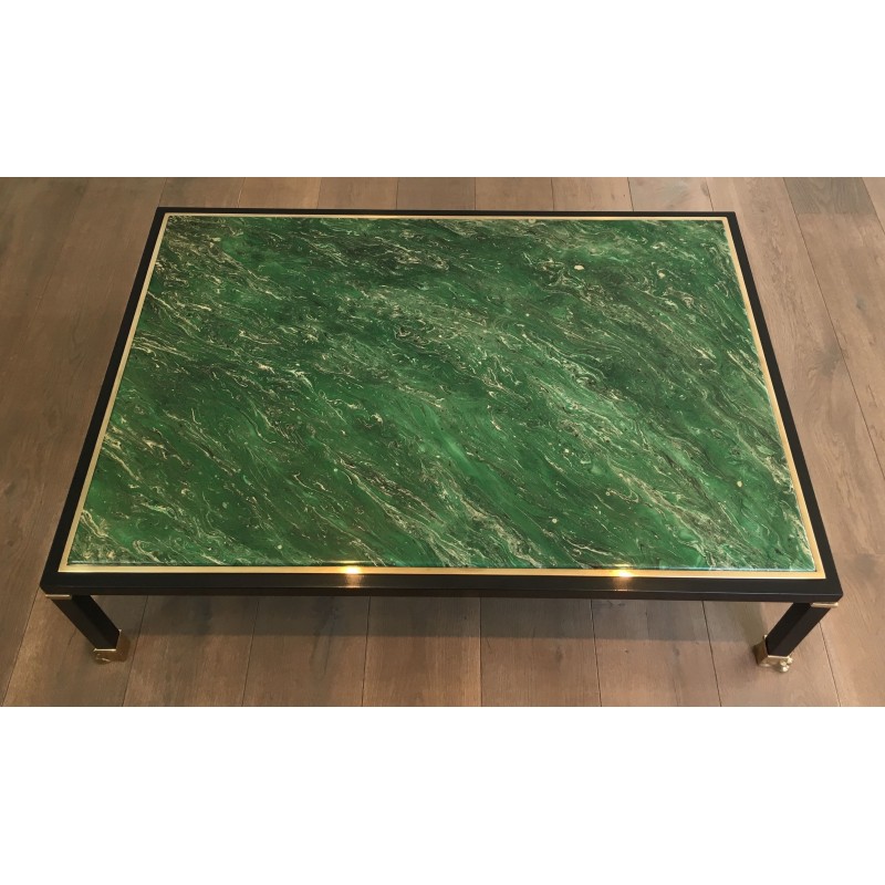 Table Basse de Guy Lefèvre pour la Maison Jansen, Métal Laqué Noir, Laiton et Résine Malachite, Vers 1970