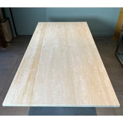 Table de Salle à Manger Octogonale en Travertin et Laiton, Pièce Unique, Travail Français, Vers 1970