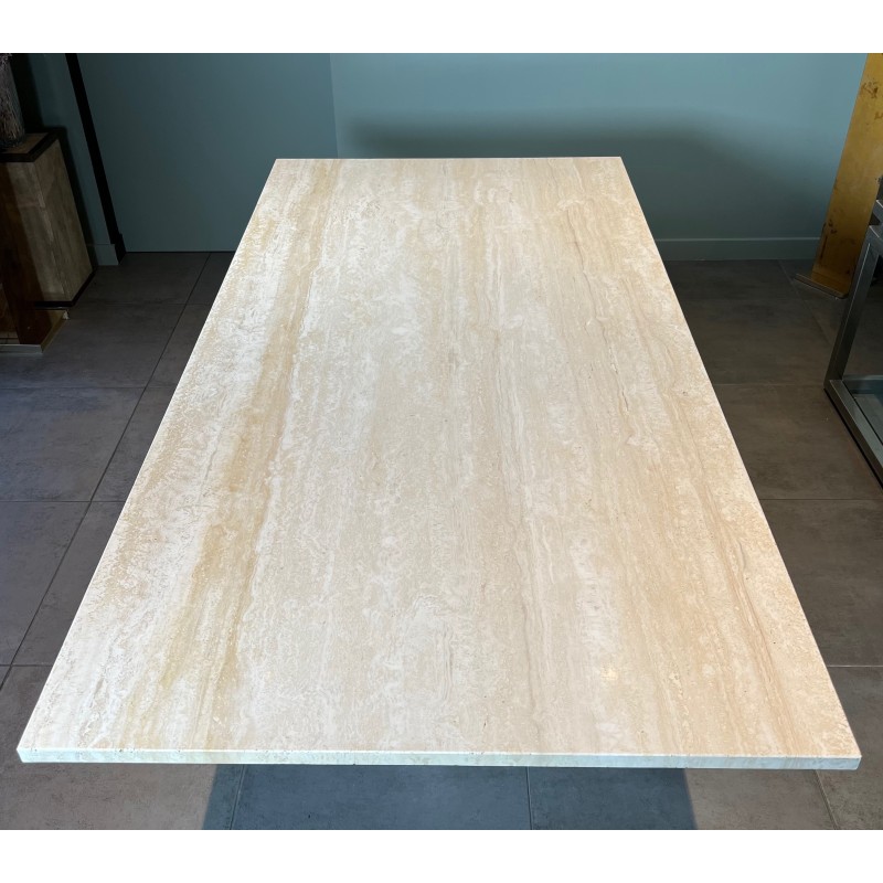 Table de Salle à Manger Octogonale en Travertin et Laiton, Pièce Unique, Travail Français, Vers 1970