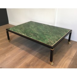 Coffee Table by Guy Lefèvre for Maison Jansen, Black Lacquered Metal, Brass and Malachite Resin, Circa 1970