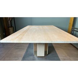 Table de Salle à Manger Octogonale en Travertin et Laiton, Pièce Unique, Travail Français, Vers 1970