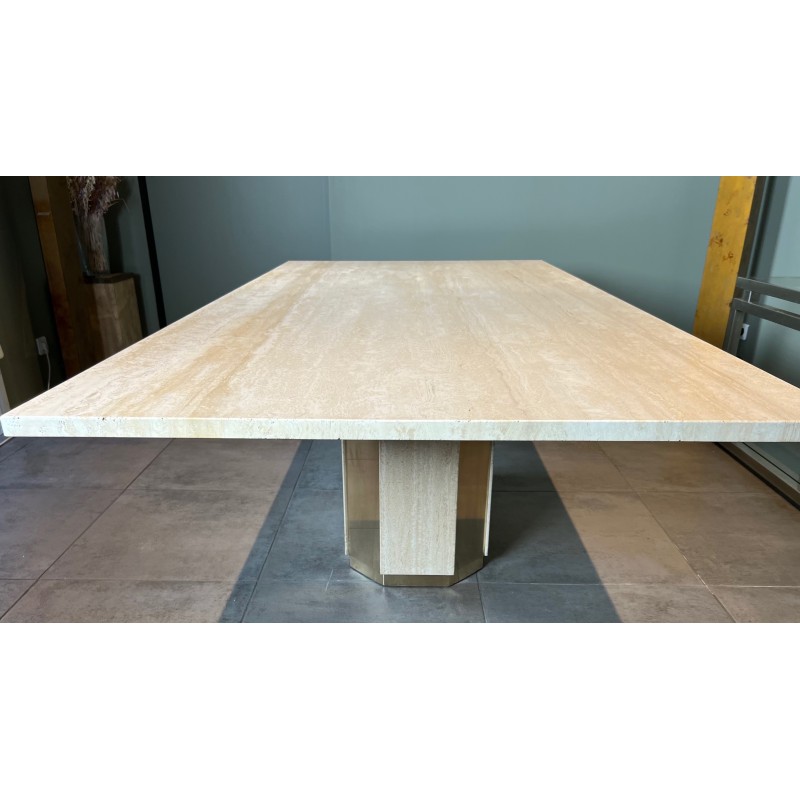 Table de Salle à Manger Octogonale en Travertin et Laiton, Pièce Unique, Travail Français, Vers 1970