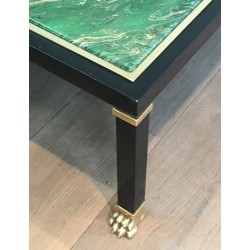 Coffee Table by Guy Lefèvre for Maison Jansen, Black Lacquered Metal, Brass and Malachite Resin, Circa 1970