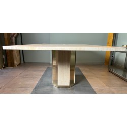 Table de Salle à Manger Octogonale en Travertin et Laiton, Pièce Unique, Travail Français, Vers 1970