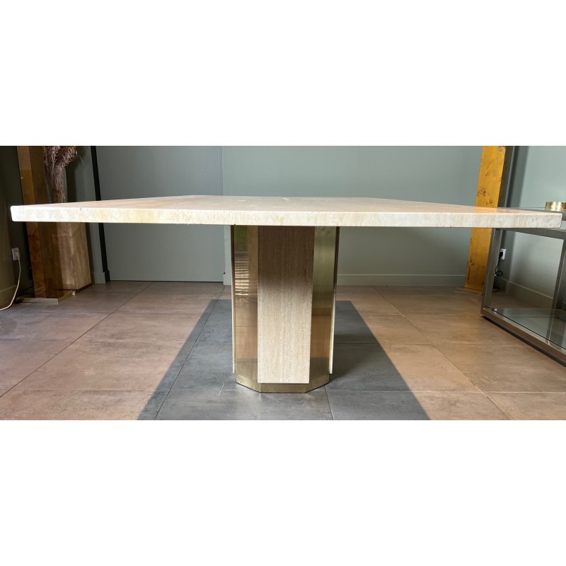 Table de Salle à Manger Octogonale en Travertin et Laiton, Pièce Unique, Travail Français, Vers 1970