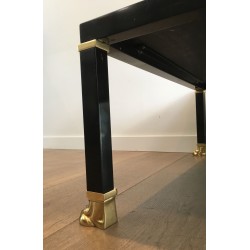Table Basse de Guy Lefèvre pour la Maison Jansen, Métal Laqué Noir, Laiton et Résine Malachite, Vers 1970