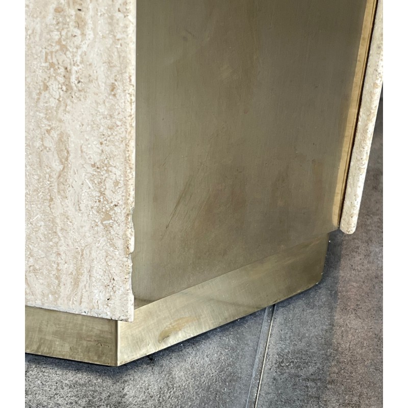 Travertine and Brass Octagonal Dining Table, Unique Piece, French Work, Circa 1970