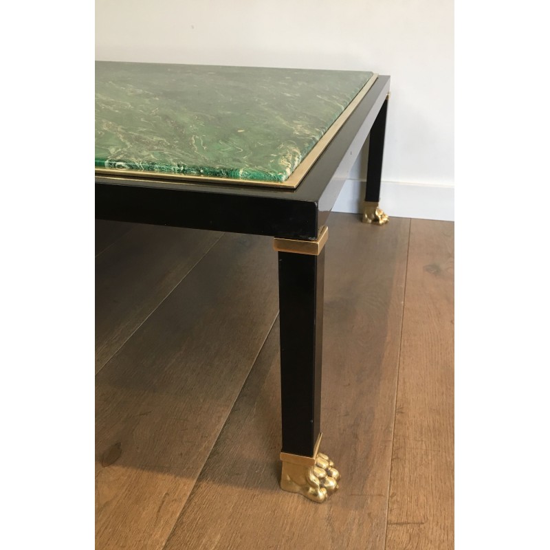 Coffee Table by Guy Lefèvre for Maison Jansen, Black Lacquered Metal, Brass and Malachite Resin, Circa 1970