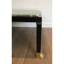 Table Basse de Guy Lefèvre pour la Maison Jansen, Métal Laqué Noir, Laiton et Résine Malachite, Vers 1970